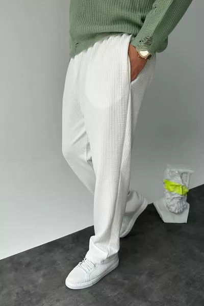 Baggy Fit Locker geschnittene Herren Jogginghose Weiß mit Rippung