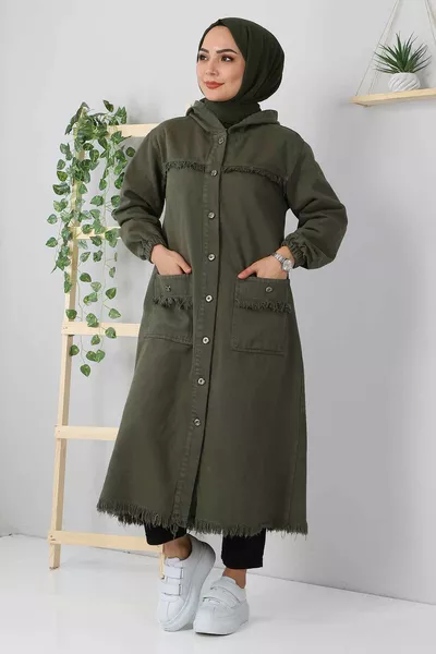 Fringed Long Denim Coat  Khaki