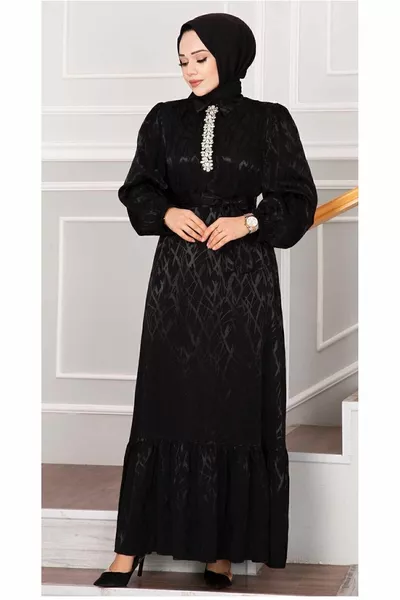 Abito da cerimonia coprente con jacquard e pietre