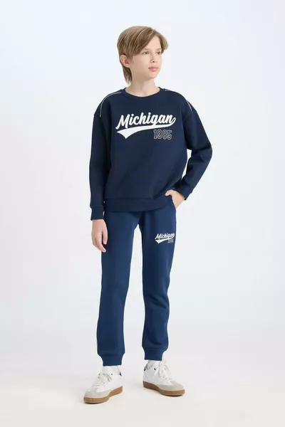 Boys' Navy Oversized Loose-Fit Crew Neck Printed Sweatshirt WN