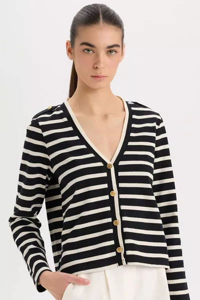 Regular Fit V-Ausschnitt Gestreifte Rippstrick-Cardigan mit Knöpfen AU