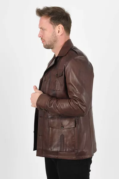 سترة هاريسون الرجالية من الجلد الطبيعي بلون القهوة على طراز السفاري، قياسات المقاسات كما هو موضح في الصورة