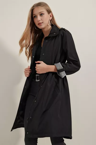  Belted Waist Trench Coat - Black