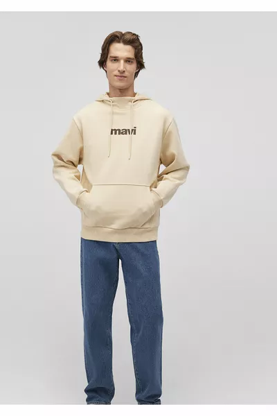 Beige Hoodie Sweatshirt with Logo Print 