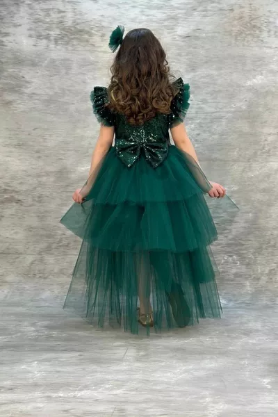 Robe d'enfant Verte à Volants avec Paillettes et Fermeture à Boucle Hayal Model Kids 