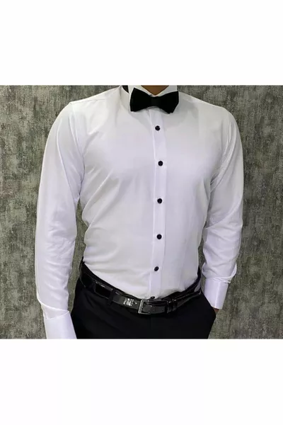 Damatlık Gömlek Slim Fit Beyaz Ata Yaka Gömlek Kol Düğme Hediyeli