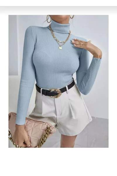 Unisex Açık Mavi Pamuklu Kumaş Balıkçı Yaka Kaşkorse Şardonlu Slimfit Boğazlı Kazak