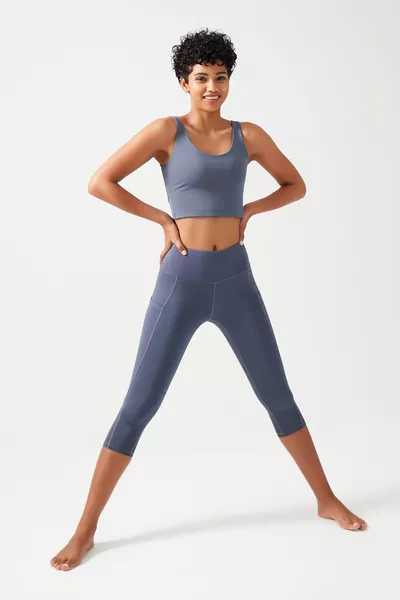 بنطال ضيق نسائي كابري أنثراسيت عالي الخصر مع جيوب مزدوجة تحت الركبة لتحديد الجسم