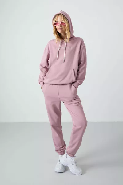 Rose Mauve Hooded Kangaroo Pocket Oversized Sweatpants Set with Elastic Cuffs for Women - 