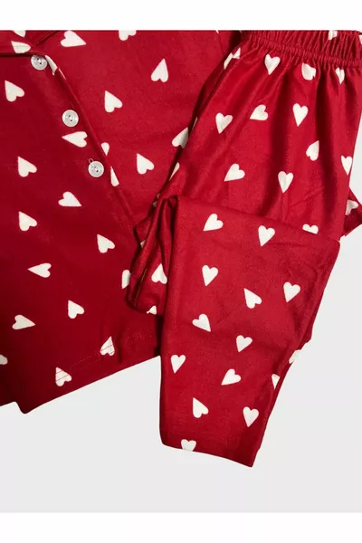 Girls' Cotton Suede Fabric Red Heart Pattern Button-Up Collar Long Sleeve Pajama Set