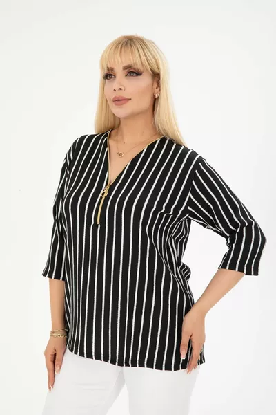 Black Striped Patterned Zip-Up Blouse