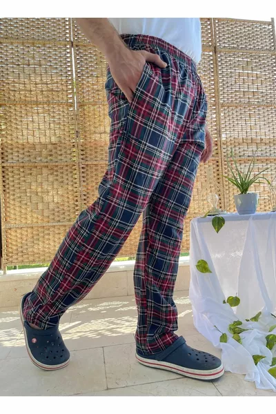 Uomo % Cotone A scacchi Vita Tasche elasticizzate Pantaloni del pigiama Tuta Borgogna Scacchi