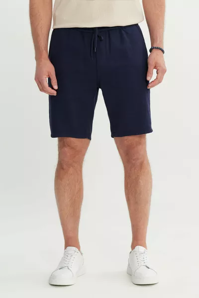 Herren Marineblau % Baumwolle Comfort Fit Shorts mit Bindegürtel und Flammenmuster an den Seitentaschen