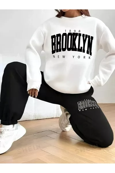 Women's Brooklyn New York Printed Oversized Crewneck Tracksuit