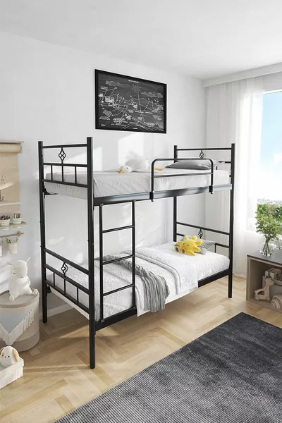 كوكا رانزا سرير بطابقين معدني قابل للفصل باللون الأسود متوافق مع الفراش