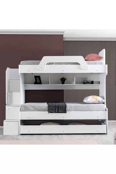 Bunk Bed, İnci Yavrulu Bunk Bed 3-Piece White