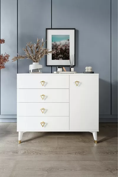 خزانة حديثة بيضاء وذهبية ببساطة مع 4 أدراج و1 باب