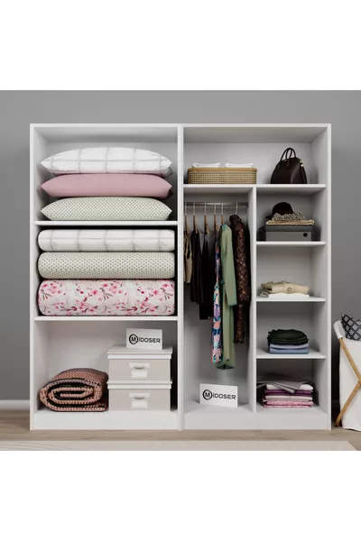 طقم خزانة ملابس وخزانة رفوف لوكاس بأربعة أبواب وثمانية أرفف - أبيض مطفي