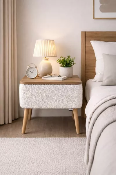 Нощно шкафче Nivo с чекмедже, с тапицерия от плат Teddy и дървени крака, модерен дизайн