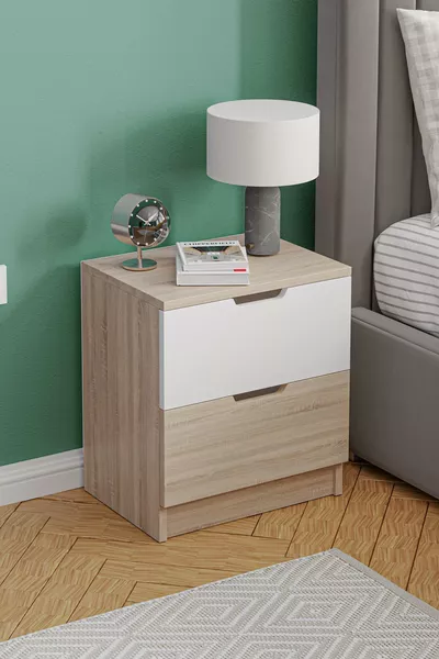Lento Nachtkastje met 2 Laden Slaapkamer Babykamer Wit Eiken