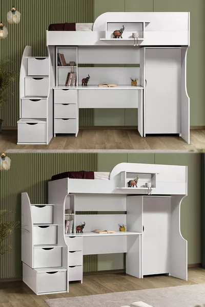 سرير بطابقين، سرير بطابقين مع مكتب وخزانة، أبيض، مرتبة واحدة مريحة