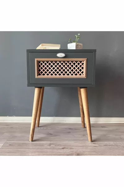 طاولة سرير جانبية خشبية أنثراسيت مع باب