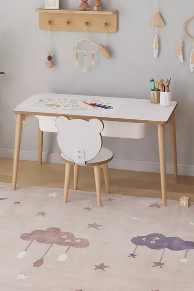 Tavolo da gioco e attività per bambini con carta da disegno a rotolo, 1 sedia e cassetto - Panda