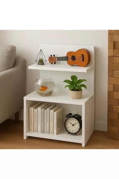 Бяла нощна шкафче с открити рафтове