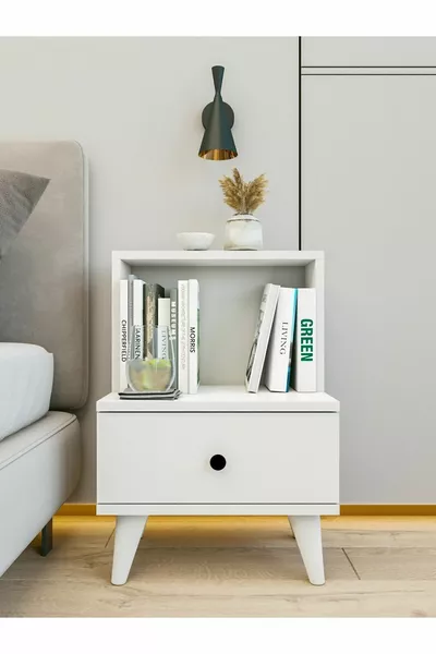 Komodin Parlak Beyaz Çekmeceli Raflı Komodin Yatak Odası