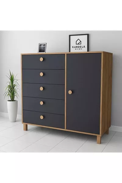 Kardela % Mdf Bebek Odası Çocuk Şifonyer 5 Çekmeceli Kapaklı Antrasit Atlantik Çam
