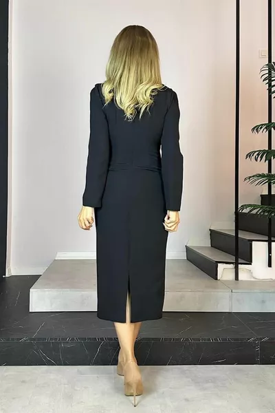  V-neck Drape Detailed Pencil Dress Black