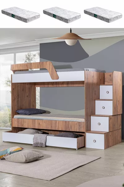 Bunk Bed, Triple Loft Bunk Bed with Ladder + 3 Comfort Mattresses