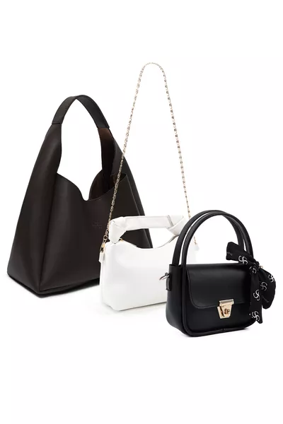 Коричневый / Белый / Черный  Набор из 3 сумок из искусственной кожи: ручная, через плечо и на плечо ()