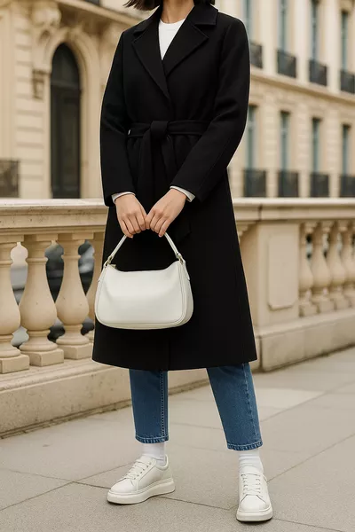 Arched Knee-Length Wool Women's Coat with Pockets Black