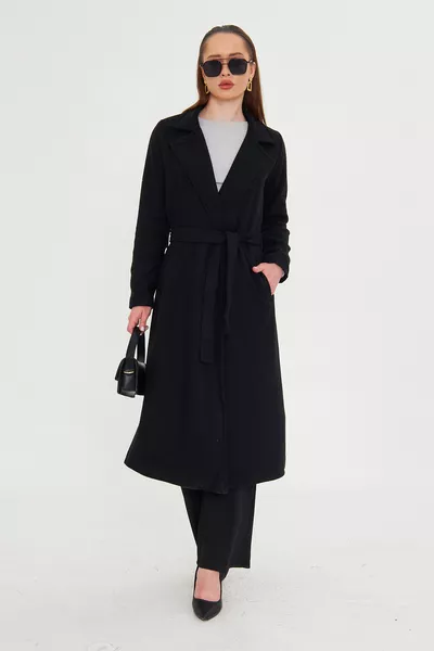 معطف نسائي طويل مبطن من الصوف مع فتحة جانبية