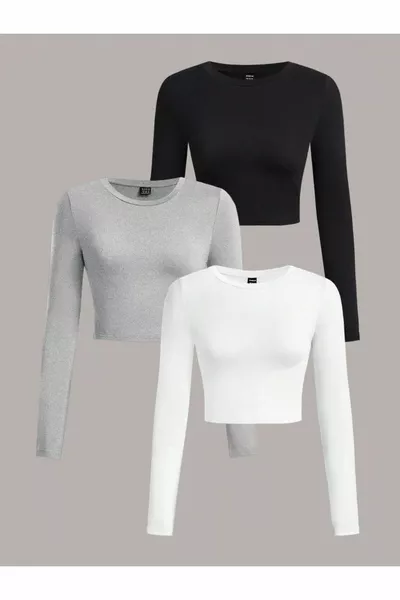 بلوزة قصيرة نسائية بقصة ضيقة وياقة دائرية، مجموعة من 3 قطع