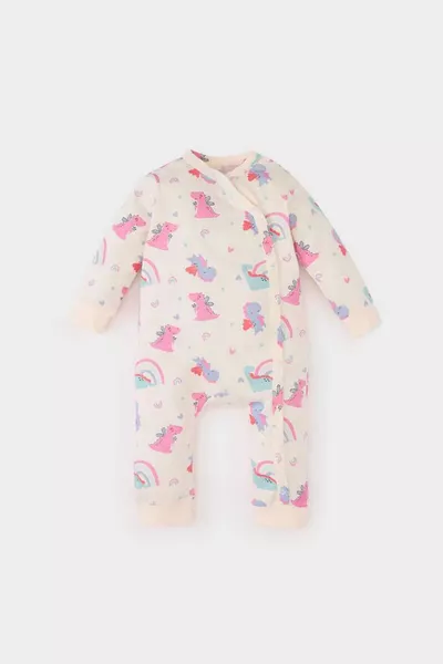 Newborn Dinosaur Print Cotton Snap-Button Off-White Baby Girl Romper /