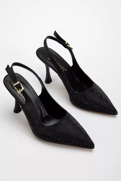 حذاء كعب عالي نسائي يومي مريح باللون الأسود مع تفاصيل حجرية من الخلف مفتوح من قماش رسمي من Rissoli
