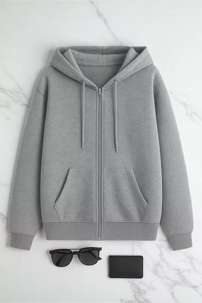 باقة عرض من قطعتين: سويت شيرت بغطاء رأس بسوستة للرجال والنساء باللونين الأزرق الداكن والرمادي