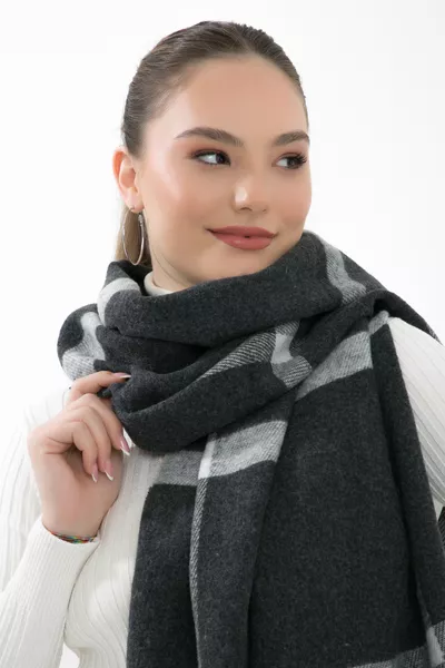 Women's Soft Textured Fluffy Striped Plaid Winter Scarf Shawl