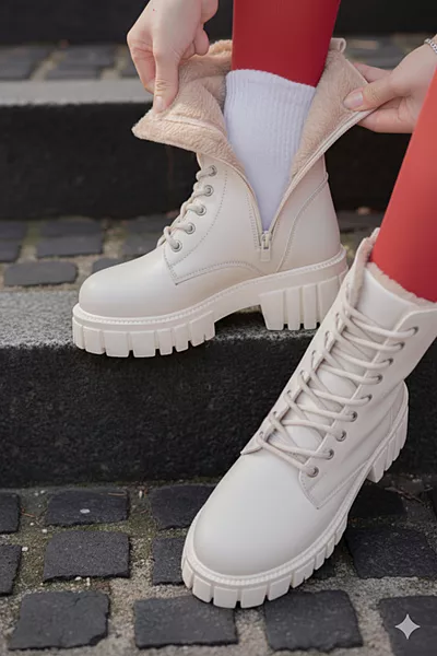 حذاء نسائي شتوي مقاوم للماء بفروة داخلية وسحاب ونعل عالي غير قابل للانزلاق