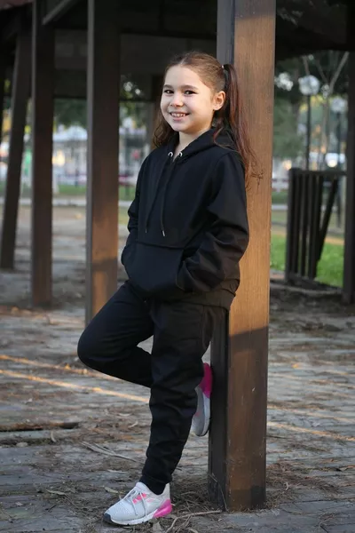 Hooded Kangaroo Pocket 2-Piece Plain Color Girls' Tracksuit