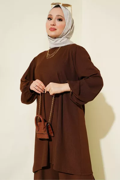 Kadın Kahverengi Tunik Pantolon Alt Üst Takım 