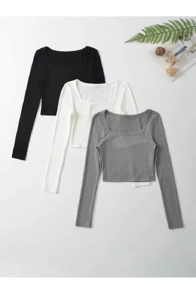 Damen 3er-Pack Langarm-Crop-Top mit Rippenmuster, Karreeausschnitt, % Baumwolle