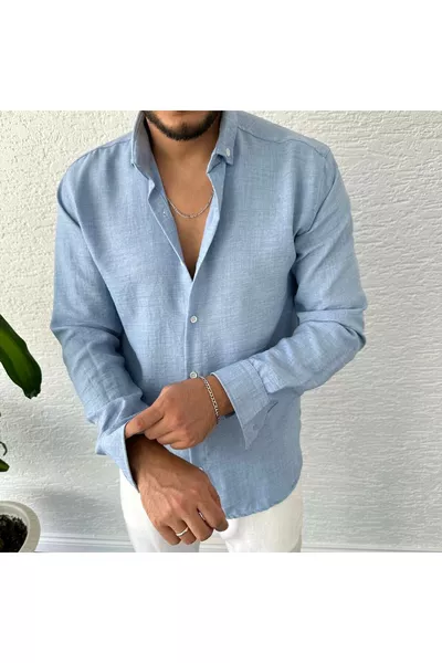 Bebe Mavi Krinkıl Keten Gömlek