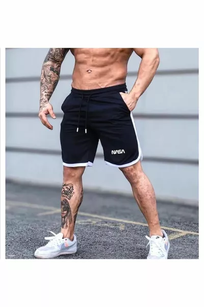 SEBESTA FASHION Short de sport d'entraînement de basket avec détails à rayures et imprimé Nasa 