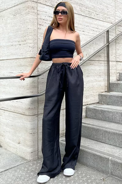 Pantaloni Palazzo da Donna in Lino Nero a Vita Alta e Gamba Larga