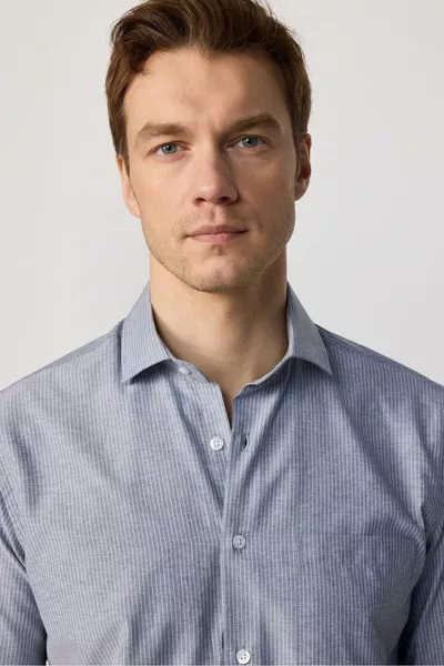 Classic Fit Long Sleeve Thin Striped Cotton Collar Shirt for Men in Gray