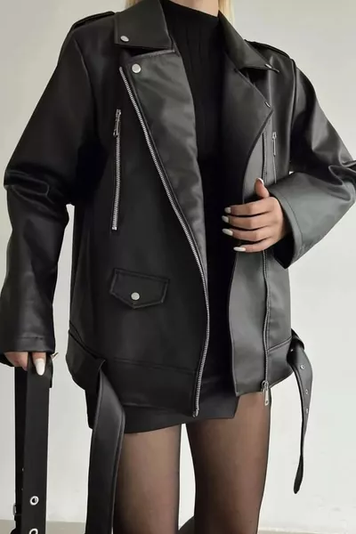 سترة جلدية نسائية سوداء طويلة الحجم للموسم الجديد