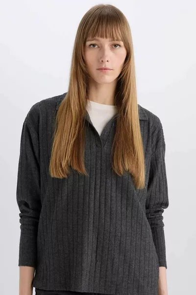 Relaxed Fit Polo Kraag Geribd Kaşmir Langarm T-shirt AU